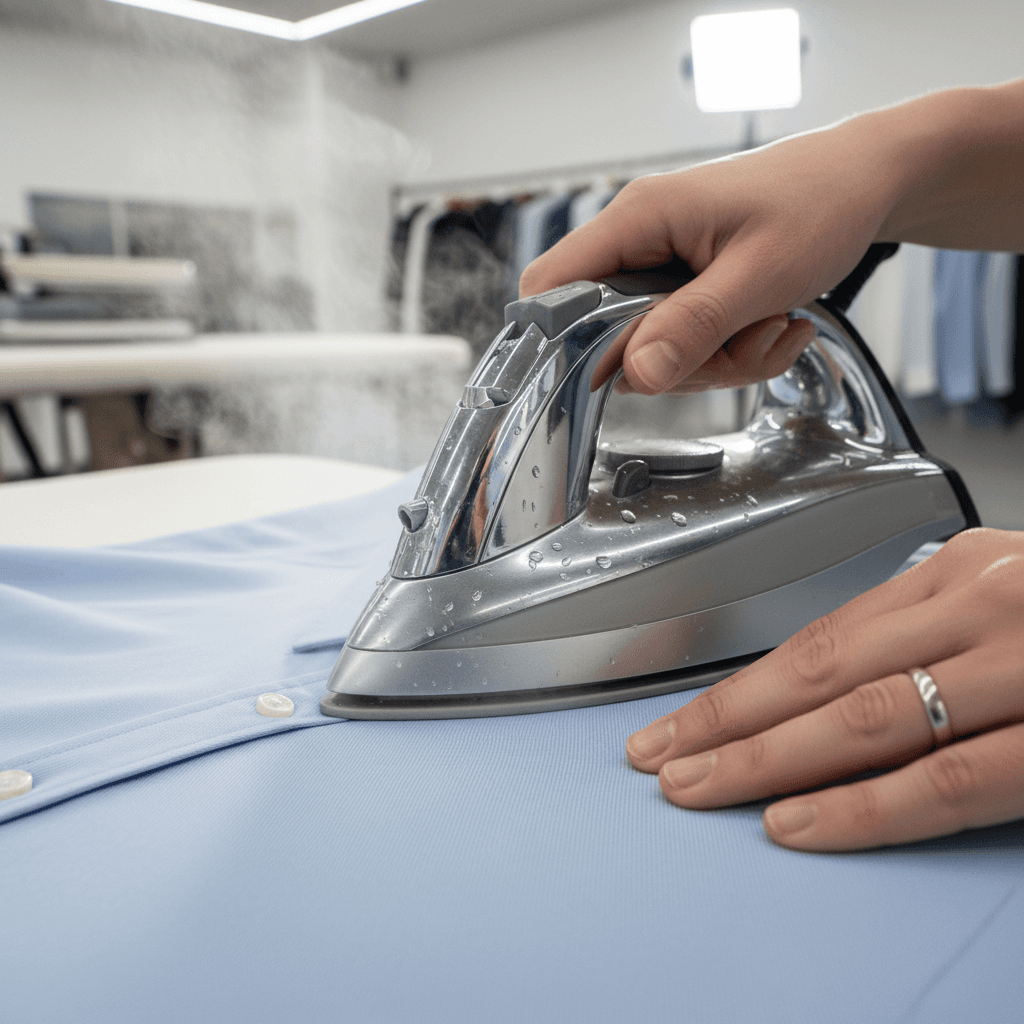 Professional steam iron pressing white dress shirt on padded ironing board with visible steam