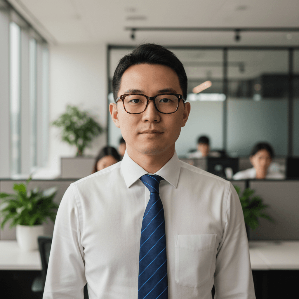 Asian man in white dress shirt and glasses smiling in professional setting