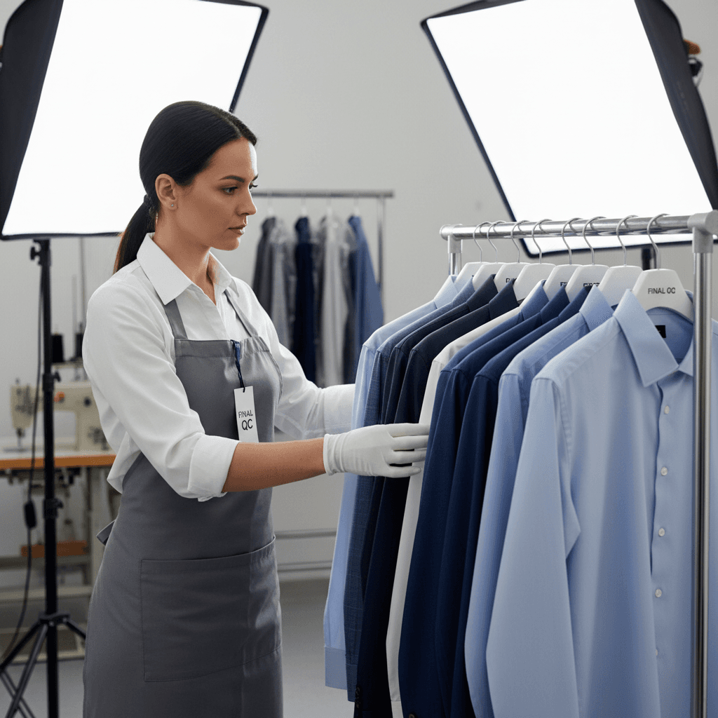Professional worker doing final quality check of pressed garments hanging on rack