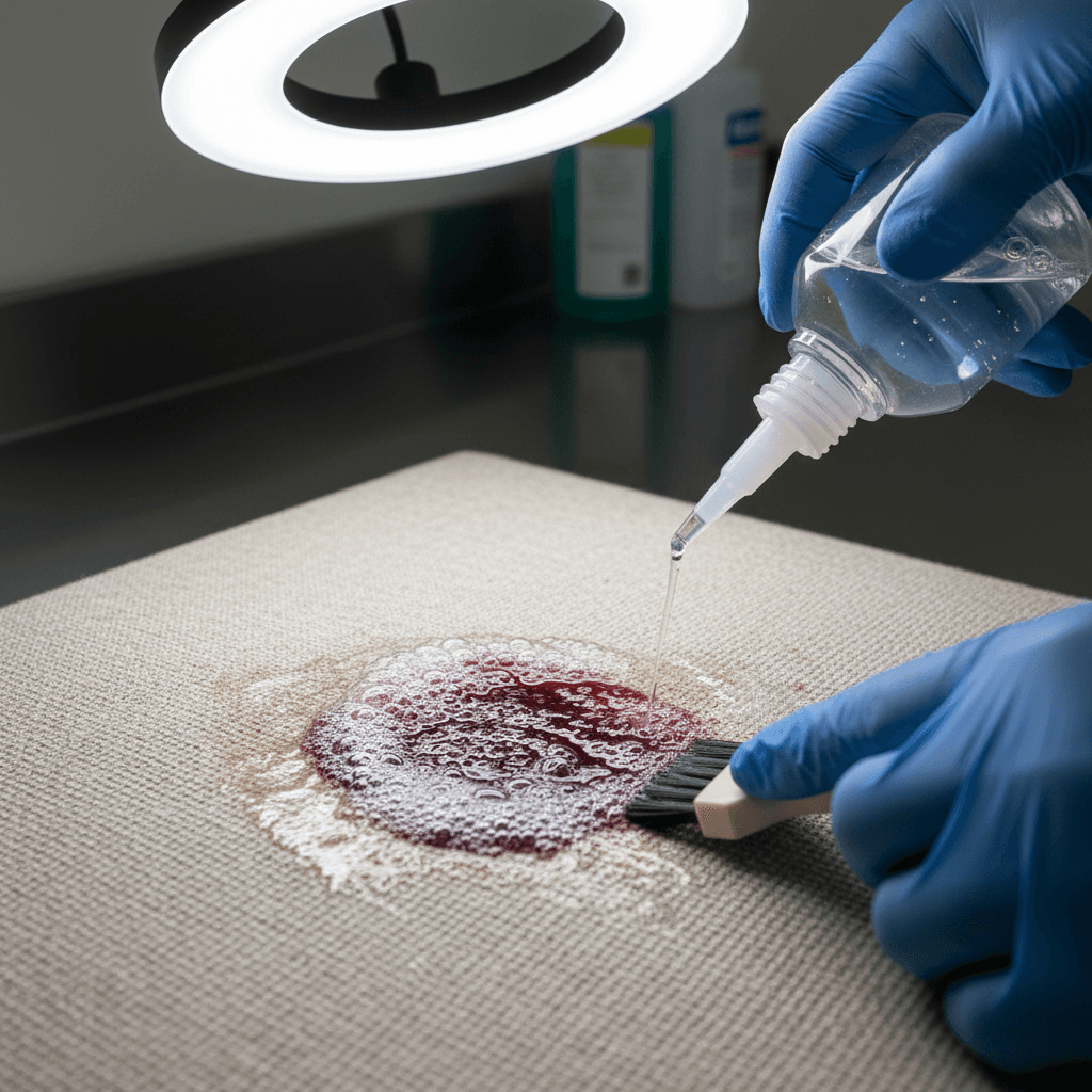Close-up of hands applying stain removal solution to white fabric with spray bottle