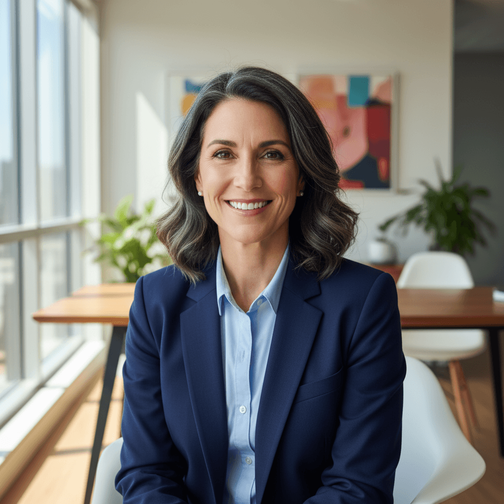 Professional woman with brown hair in navy blazer smiling confidently in modern office
