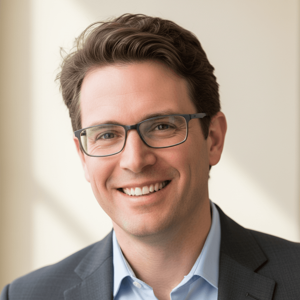 Caucasian man with short brown hair in blue suit smiling professionally