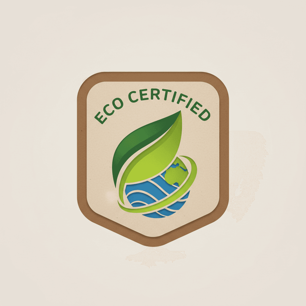 Green leaf certification badge with circular eco-friendly emblem