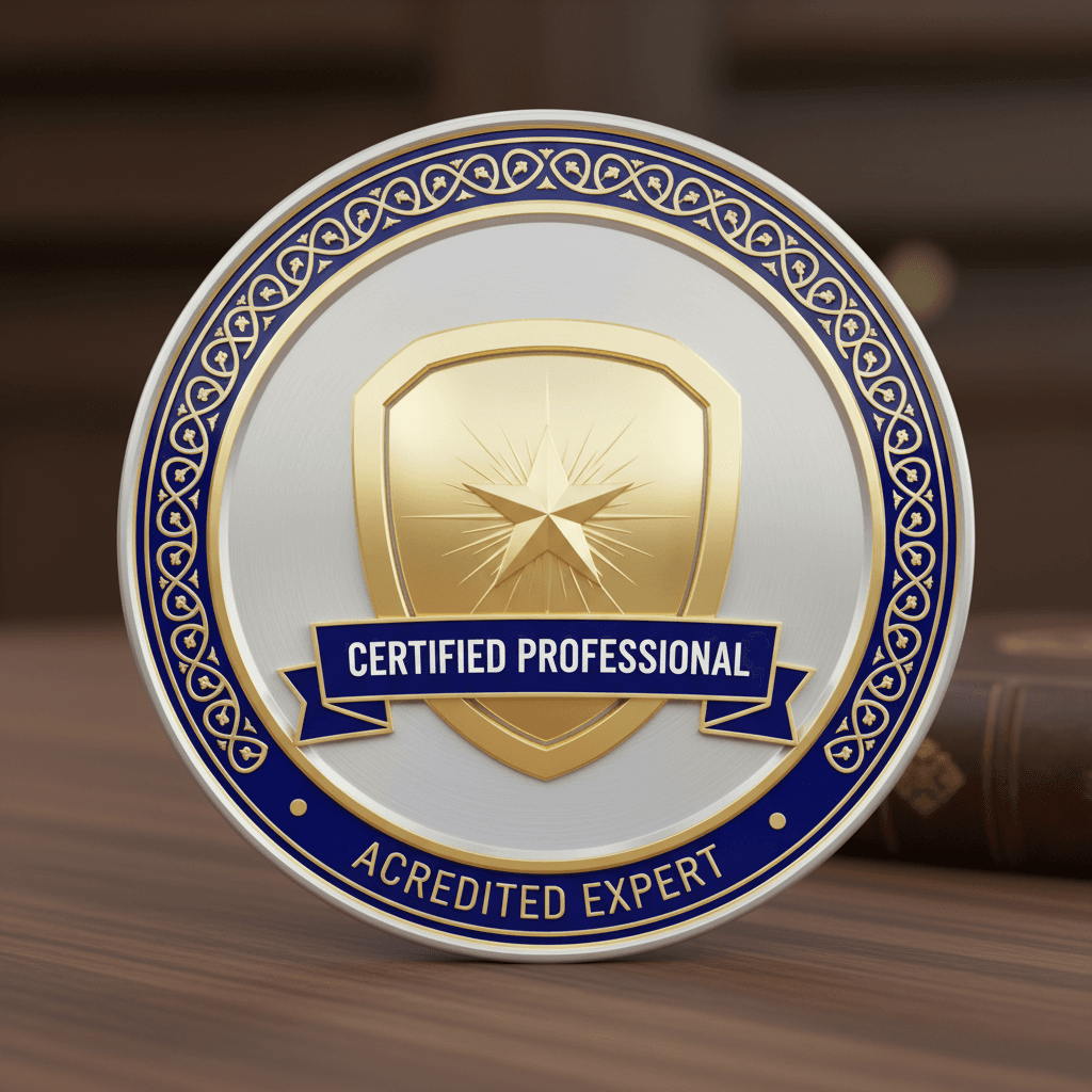 Gold circular certification badge with shield emblem and star border