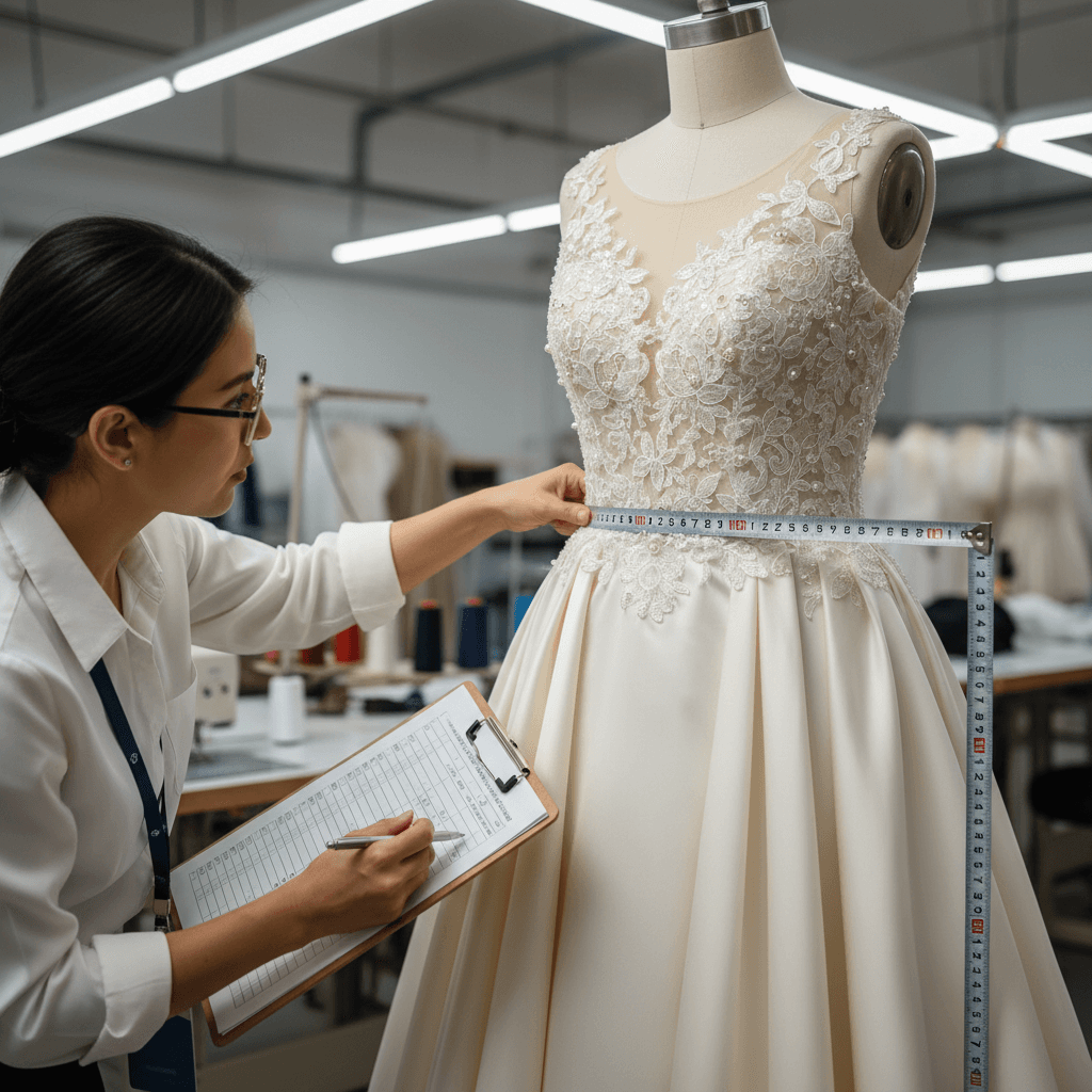Quality control inspector examining pressed white shirt on hanger with checklist clipboard