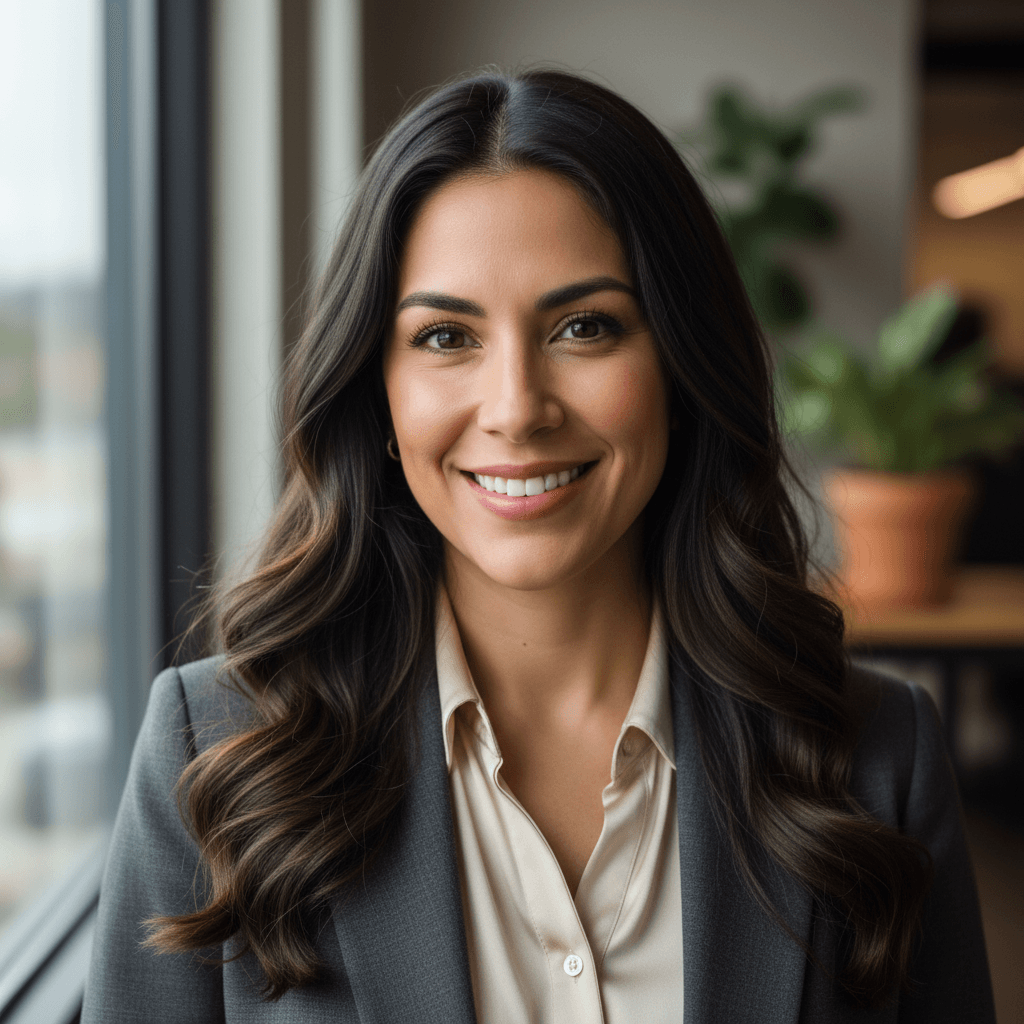 Hispanic woman with long dark hair in professional attire smiling warmly